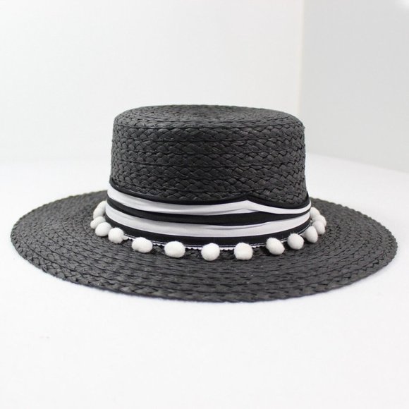 Time And Tru Black Boater Hat With Ribbon Trim Women's One Size Sun Hat - Picture 2 of 5